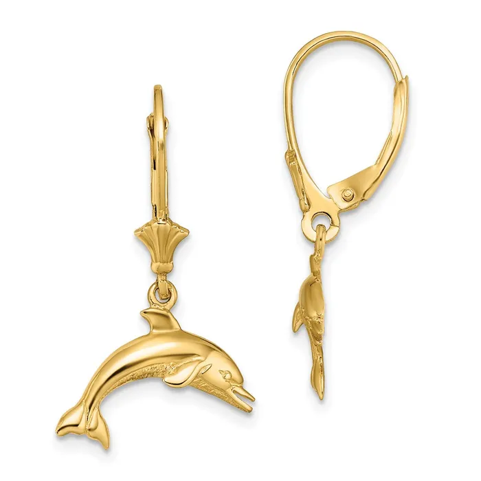 Goldia Earrings 14k Yellow Gold Jumping Dolphin Leverback Earrings