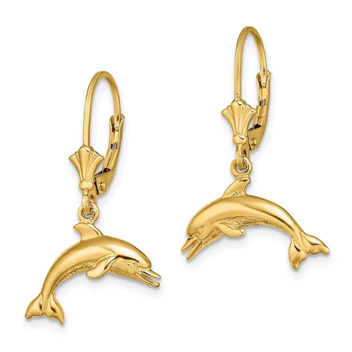 Goldia Earrings 14k Yellow Gold Jumping Dolphin Leverback Earrings