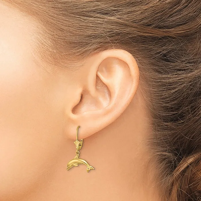Goldia Earrings 14k Yellow Gold Jumping Dolphin Leverback Earrings