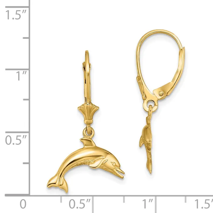 Goldia Earrings 14k Yellow Gold Jumping Dolphin Leverback Earrings