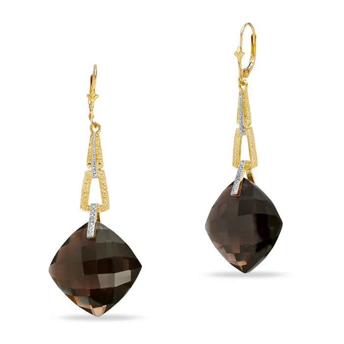 Goldia Earrings 20mm CushionCut Smoky Quartz and Diamond Accent Drop Earrings in 10K Gold Goldia Earrings 20mm CushionCut Smoky Quartz and Diamond Accent Drop Earrings in 10K Gold