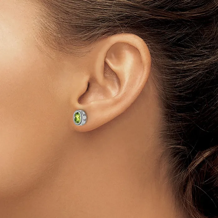 Goldia Earrings Solid 14k White Gold Oval Simulated Peridot and CZ Earrings