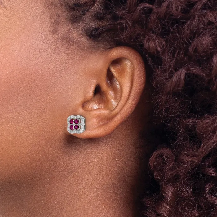 Goldia Earrings Sterling Silver Rhodiumplated Created Ruby and CZ Clover Post Earrings