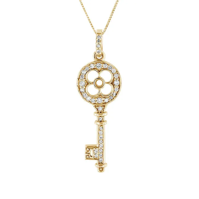 Goldia Necklaces 025 CT TW Natural Diamond CloverTop Key Pendant in 14K Gold Goldia Necklaces 025 CT TW Natural Diamond CloverTop Key Pendant in 14K Gold