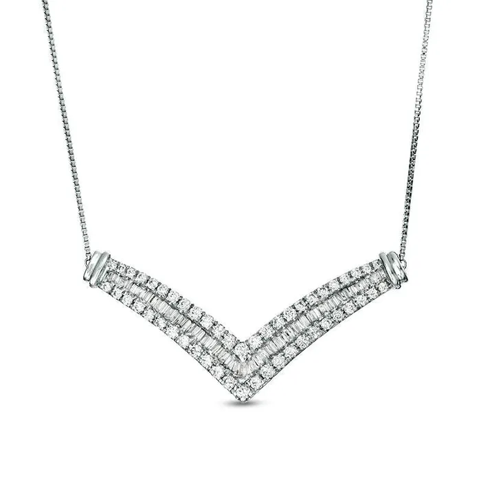 Goldia Necklaces 1 CT TW Baguette and Round Natural Diamond MultiRow Chevron Necklace in 10K White Gold Goldia Necklaces 1 CT TW Baguette and Round Natural Diamond MultiRow Chevron Necklace in 10K White Gold