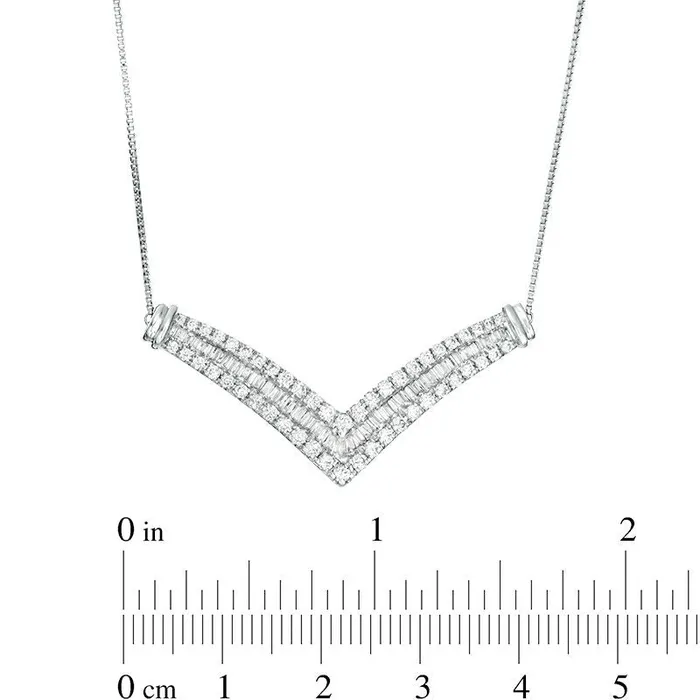 Goldia Necklaces 1 CT TW Baguette and Round Natural Diamond MultiRow Chevron Necklace in 10K White Gold Goldia Necklaces 1 CT TW Baguette and Round Natural Diamond MultiRow Chevron Necklace in 10K White Gold