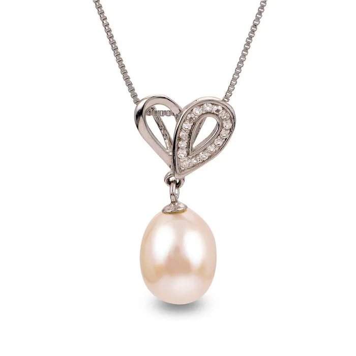 Goldia Necklaces 9095mm Oval Cultured Freshwater Pearl and White Topaz Double Loop Heart Pendant in Sterling Silver Goldia Necklaces 9095mm Oval Cultured Freshwater Pearl and White Topaz Double Loop Heart Pendant in Sterling Silver