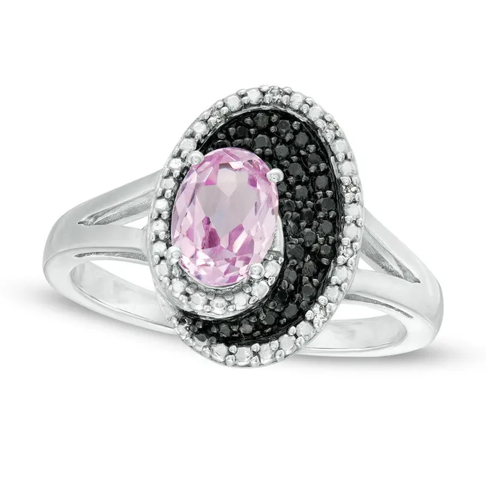 Goldia Oval LabCreated Pink Sapphire and 010 CT TW White and Enhanced Black Diamond Split Shank Ring in Sterling Silver Rings Goldia Oval LabCreated Pink Sapphire and 010 CT TW White and Enhanced Black Diamond Split Shank Ring in Sterling Silver Rings