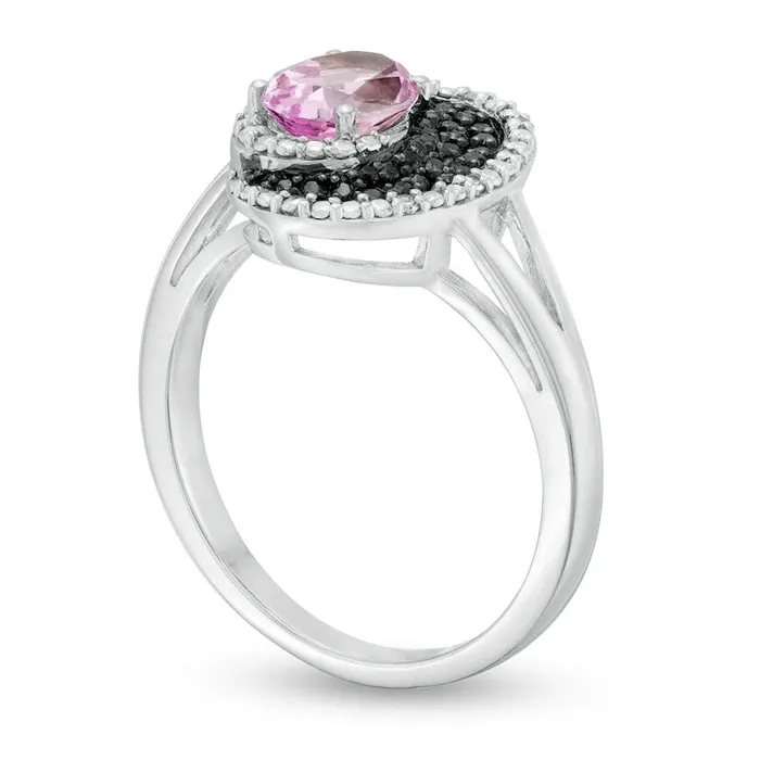 Goldia Oval LabCreated Pink Sapphire and 010 CT TW White and Enhanced Black Diamond Split Shank Ring in Sterling Silver Rings Goldia Oval LabCreated Pink Sapphire and 010 CT TW White and Enhanced Black Diamond Split Shank Ring in Sterling Silver Rings