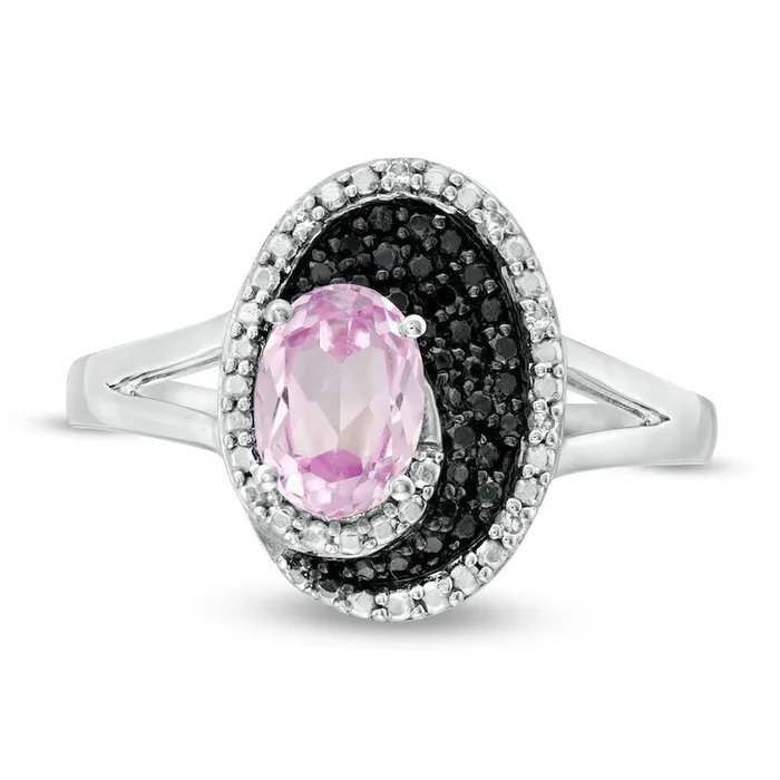 Goldia Oval LabCreated Pink Sapphire and 010 CT TW White and Enhanced Black Diamond Split Shank Ring in Sterling Silver Rings Goldia Oval LabCreated Pink Sapphire and 010 CT TW White and Enhanced Black Diamond Split Shank Ring in Sterling Silver Rings