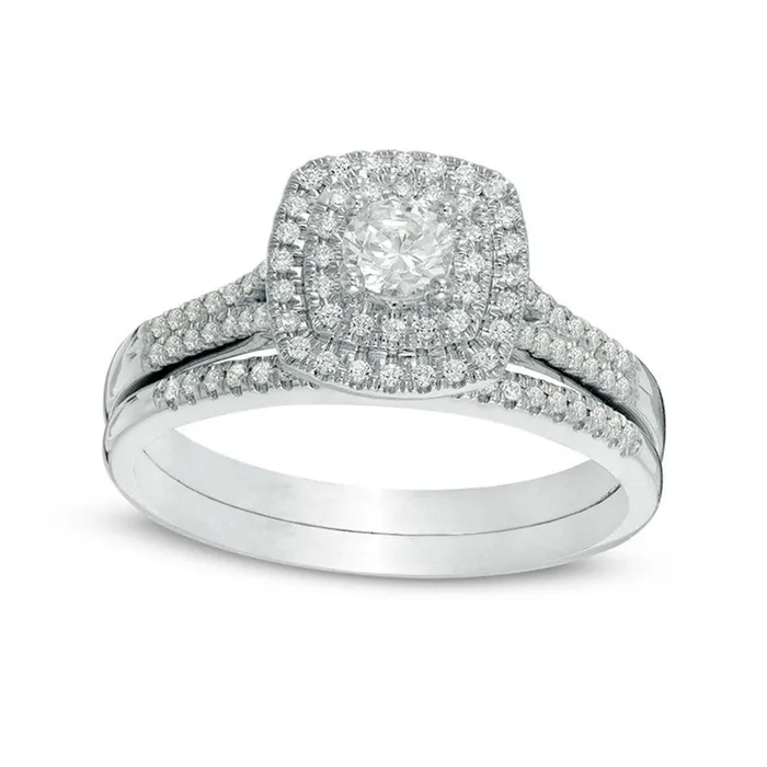 Goldia Previously Owned 050 CT TW Canadian Natural Diamond Double Cushion Frame Bridal Engagement Ring Set in Solid 14K White Gold Rings Goldia Previously Owned 050 CT TW Canadian Natural Diamond Double Cushion Frame Bridal Engagement Ring Set in Solid 14K White Gold Rings