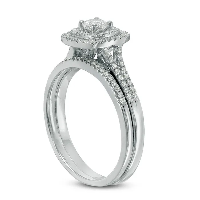 Goldia Previously Owned 050 CT TW Canadian Natural Diamond Double Cushion Frame Bridal Engagement Ring Set in Solid 14K White Gold Rings Goldia Previously Owned 050 CT TW Canadian Natural Diamond Double Cushion Frame Bridal Engagement Ring Set in Solid 14K White Gold Rings