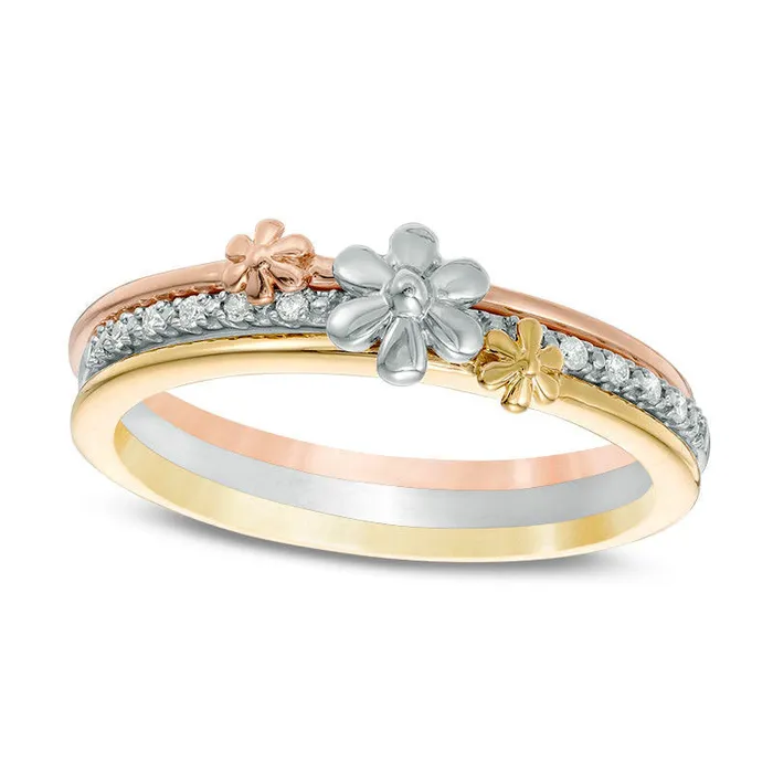 Goldia Rings 005 CT TW Natural Diamond Flower Three Piece Stackable Band Set in Solid 10K TriTone Gold Goldia Rings 005 CT TW Natural Diamond Flower Three Piece Stackable Band Set in Solid 10K TriTone Gold