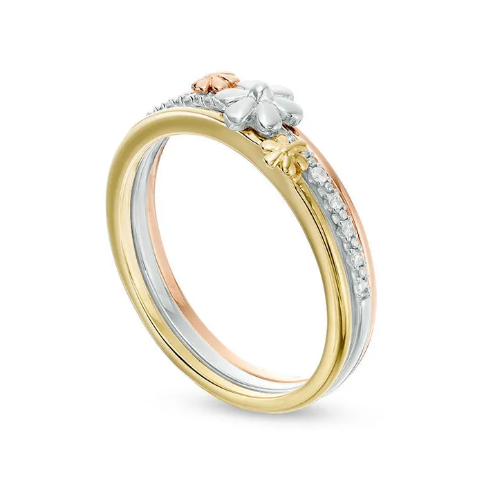 Goldia Rings 005 CT TW Natural Diamond Flower Three Piece Stackable Band Set in Solid 10K TriTone Gold Goldia Rings 005 CT TW Natural Diamond Flower Three Piece Stackable Band Set in Solid 10K TriTone Gold