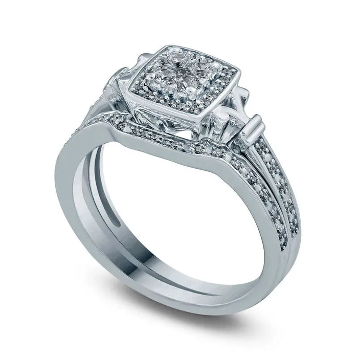 Goldia Rings 025 CT TW Composite Natural Diamond Cushion Frame Bridal Engagement Ring Set in Sterling Silver Goldia Rings 025 CT TW Composite Natural Diamond Cushion Frame Bridal Engagement Ring Set in Sterling Silver