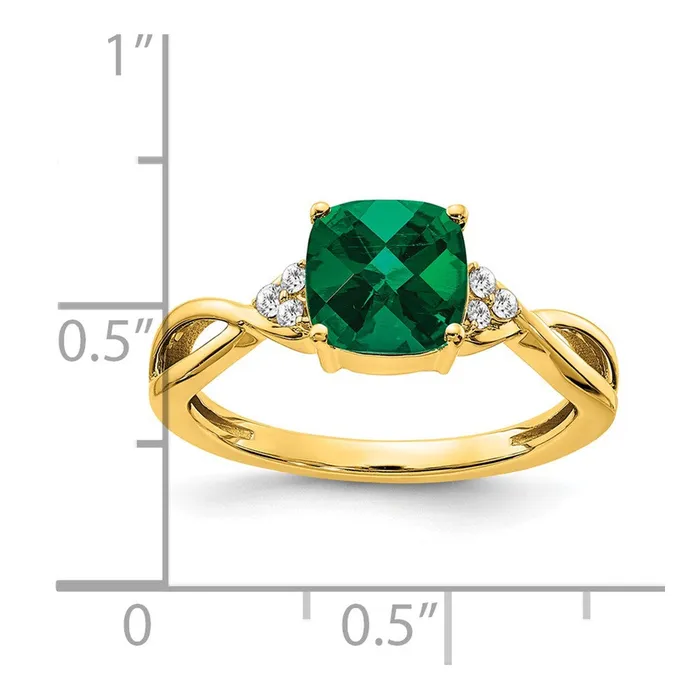 Goldia Rings 14K Yellow Gold Checkerboard Created Emerald and Real Diamond Ring