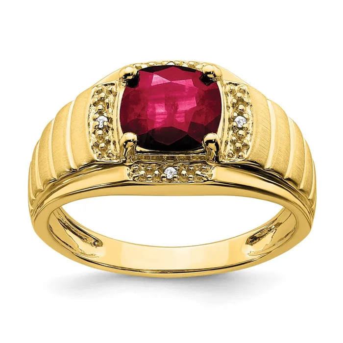 Goldia Rings 14K Yellow Gold Cushion Created Ruby and Real Diamond Mens Ring