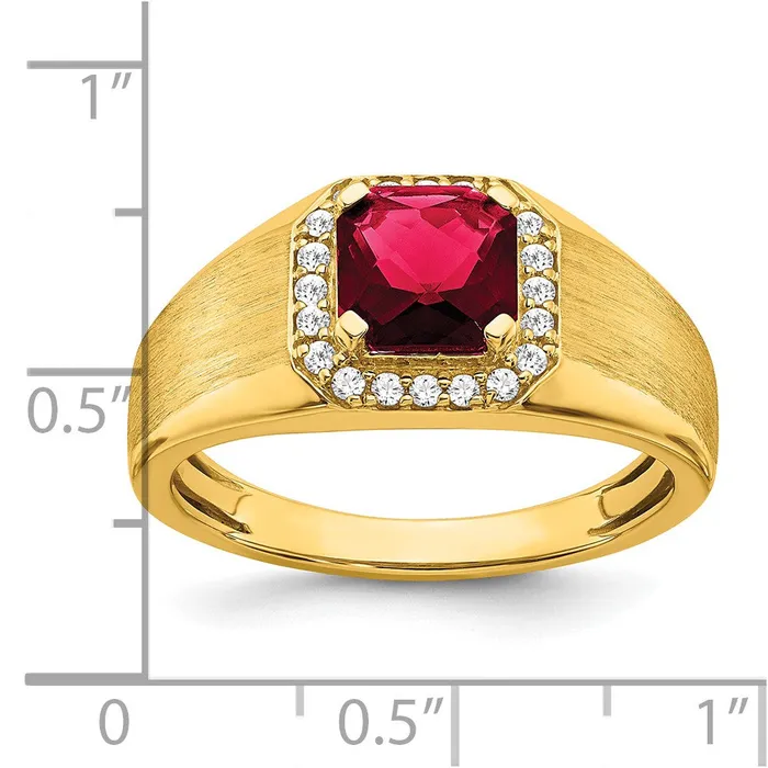 Goldia Rings 14K Yellow Gold Cushion Created Ruby and Real Diamond Mens Ring