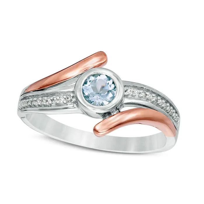 Goldia Rings 41mm Aquamarine and 007 CT TW Natural Diamond Bypass Ring in Sterling Silver and Solid 10K Rose Gold Goldia Rings 41mm Aquamarine and 007 CT TW Natural Diamond Bypass Ring in Sterling Silver and Solid 10K Rose Gold