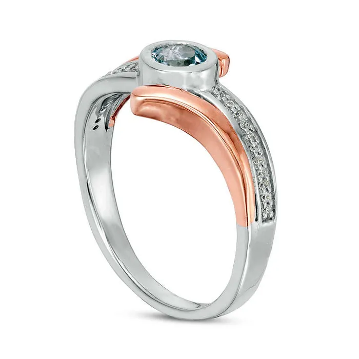 Goldia Rings 41mm Aquamarine and 007 CT TW Natural Diamond Bypass Ring in Sterling Silver and Solid 10K Rose Gold Goldia Rings 41mm Aquamarine and 007 CT TW Natural Diamond Bypass Ring in Sterling Silver and Solid 10K Rose Gold