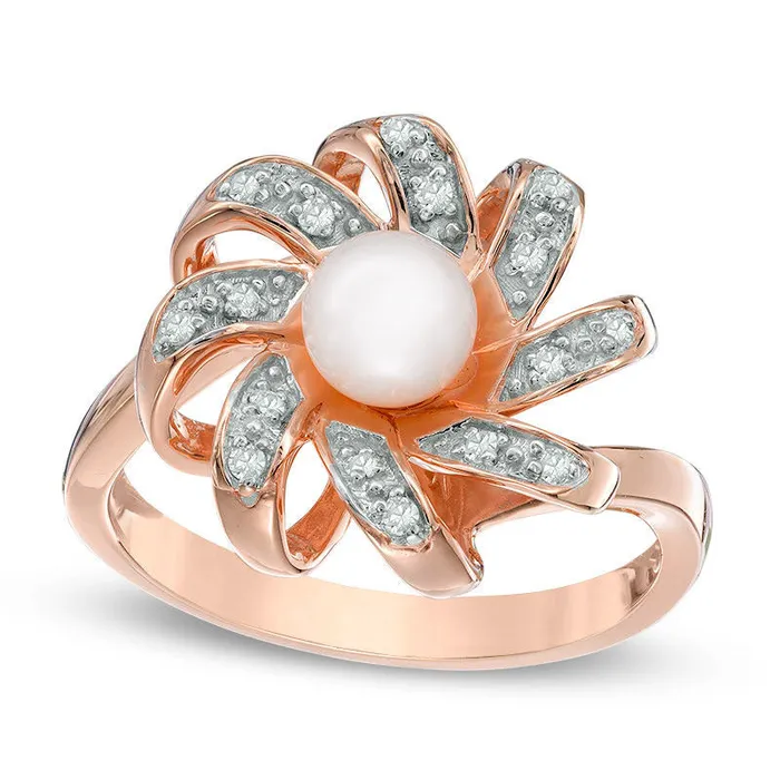 Goldia Rings 60mm Cultured Freshwater Pearl and 010 CT TW Natural Diamond Pinwheel Ring in Solid 10K Rose Gold Goldia Rings 60mm Cultured Freshwater Pearl and 010 CT TW Natural Diamond Pinwheel Ring in Solid 10K Rose Gold