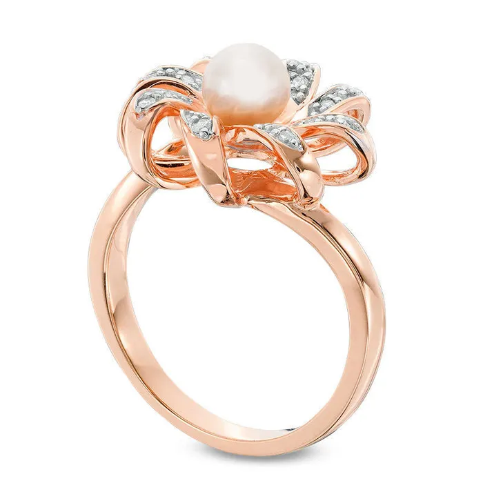 Goldia Rings 60mm Cultured Freshwater Pearl and 010 CT TW Natural Diamond Pinwheel Ring in Solid 10K Rose Gold Goldia Rings 60mm Cultured Freshwater Pearl and 010 CT TW Natural Diamond Pinwheel Ring in Solid 10K Rose Gold