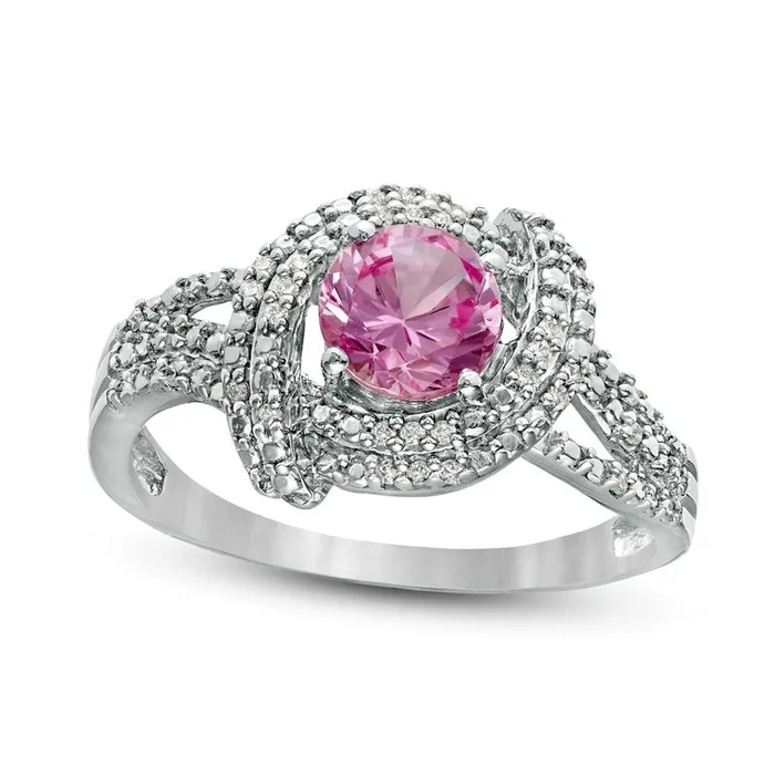 Goldia Rings 60mm LabCreated Pink Sapphire and 010 CT TW Diamond Double Row Swirl Ring in Sterling Silver Goldia Rings 60mm LabCreated Pink Sapphire and 010 CT TW Diamond Double Row Swirl Ring in Sterling Silver