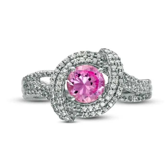Goldia Rings 60mm LabCreated Pink Sapphire and 010 CT TW Diamond Double Row Swirl Ring in Sterling Silver Goldia Rings 60mm LabCreated Pink Sapphire and 010 CT TW Diamond Double Row Swirl Ring in Sterling Silver