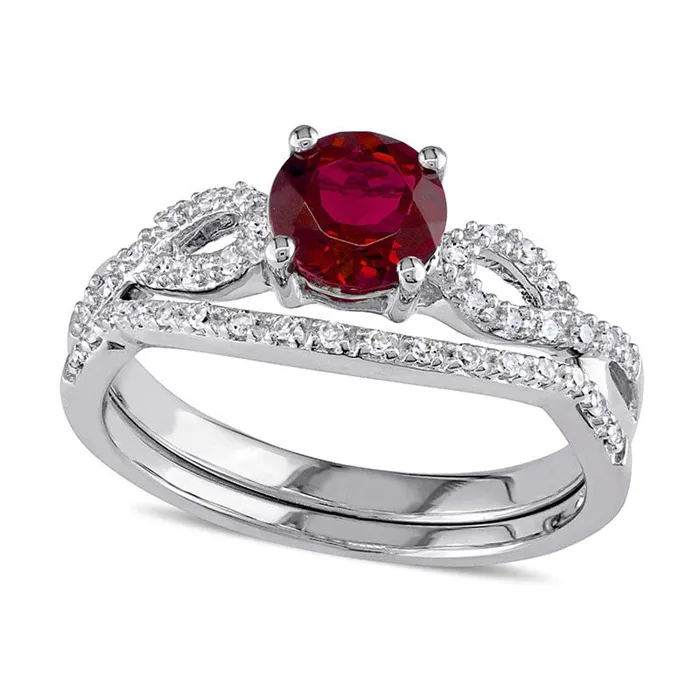 Goldia Rings 60mm LabCreated Ruby and 013 CT TW Diamond Twist Shank Bridal Engagement Ring Set in Solid 10K White Gold Goldia Rings 60mm LabCreated Ruby and 013 CT TW Diamond Twist Shank Bridal Engagement Ring Set in Solid 10K White Gold
