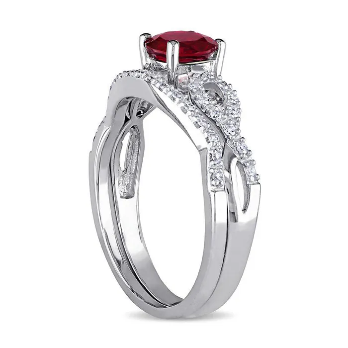 Goldia Rings 60mm LabCreated Ruby and 013 CT TW Diamond Twist Shank Bridal Engagement Ring Set in Solid 10K White Gold Goldia Rings 60mm LabCreated Ruby and 013 CT TW Diamond Twist Shank Bridal Engagement Ring Set in Solid 10K White Gold