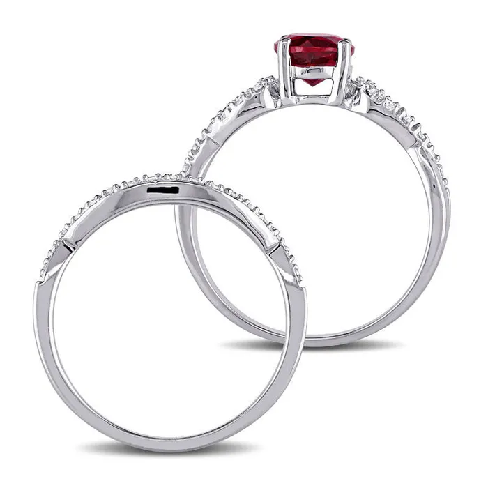 Goldia Rings 60mm LabCreated Ruby and 013 CT TW Diamond Twist Shank Bridal Engagement Ring Set in Solid 10K White Gold Goldia Rings 60mm LabCreated Ruby and 013 CT TW Diamond Twist Shank Bridal Engagement Ring Set in Solid 10K White Gold