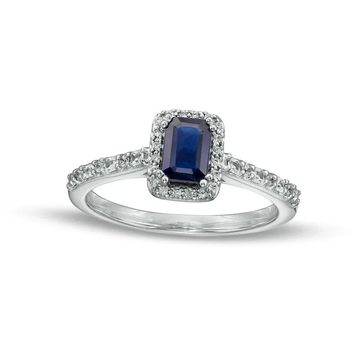 Goldia Rings EmeraldCut Blue Sapphire and 020 CT TW Baguette and Round Natural Diamond Frame Alternating Shank Ring in Solid 14K White Gold