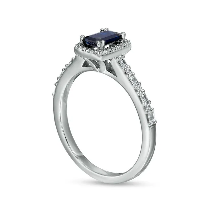 Goldia Rings EmeraldCut Blue Sapphire and 020 CT TW Baguette and Round Natural Diamond Frame Alternating Shank Ring in Solid 14K White Gold Goldia Rings EmeraldCut Blue Sapphire and 020 CT TW Baguette and Round Natural Diamond Frame Alternating Shank Ring in Solid 14K White Gold
