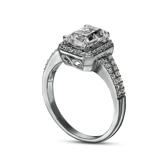 Goldia Rings EmeraldCut White LabCreated Sapphire Frame Split Shank Ring in Sterling Silver Goldia Rings EmeraldCut White LabCreated Sapphire Frame Split Shank Ring in Sterling Silver