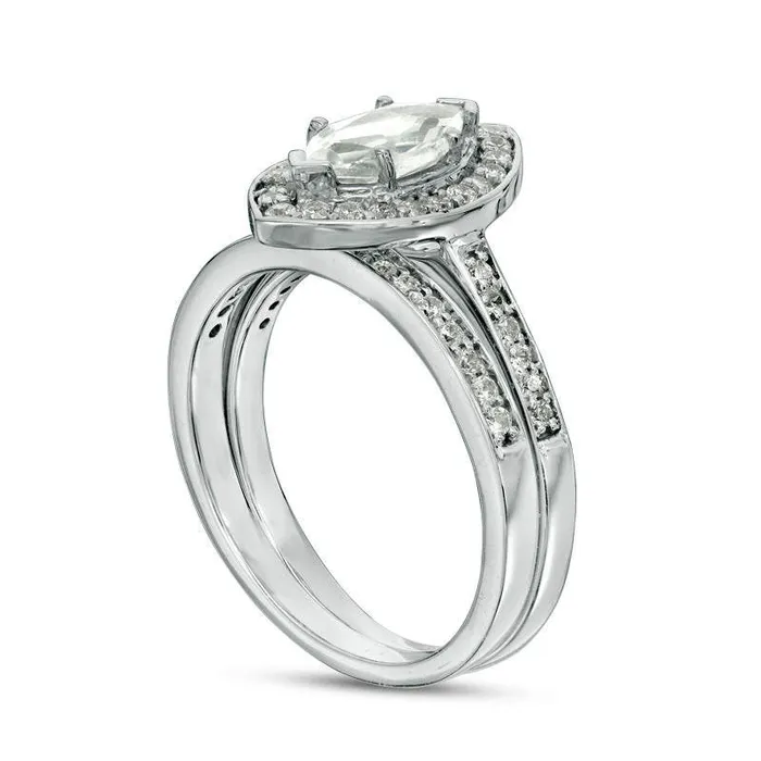 Goldia Rings Marquise LabCreated White Sapphire and 033 CT TW Diamond Frame Bridal Engagement Ring Set in Sterling Silver Goldia Rings Marquise LabCreated White Sapphire and 033 CT TW Diamond Frame Bridal Engagement Ring Set in Sterling Silver
