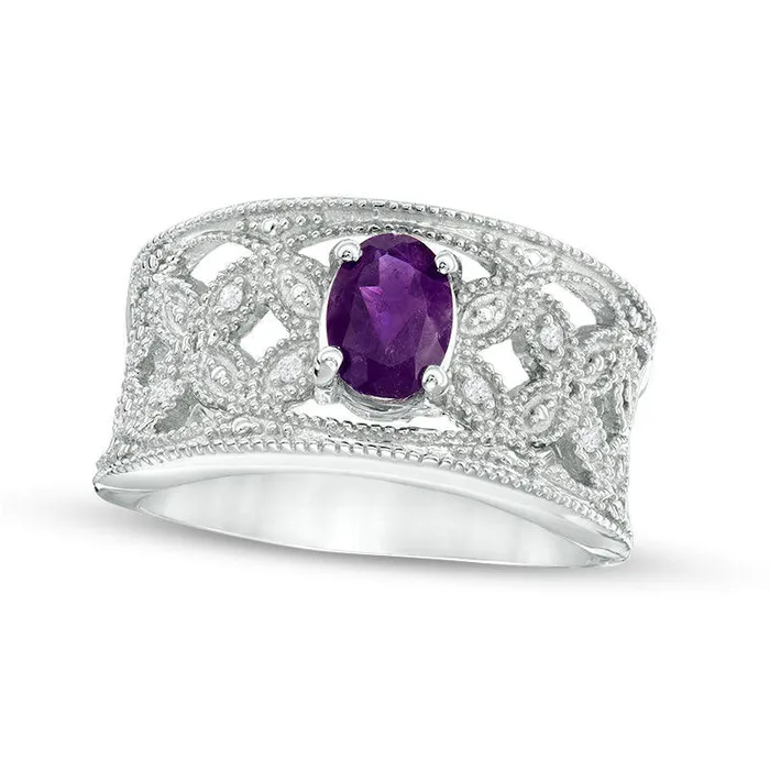 Goldia Rings Oval Amethyst and Natural Diamond Accent Antique VintageStyle Ring in Sterling Silver Goldia Rings Oval Amethyst and Natural Diamond Accent Antique VintageStyle Ring in Sterling Silver