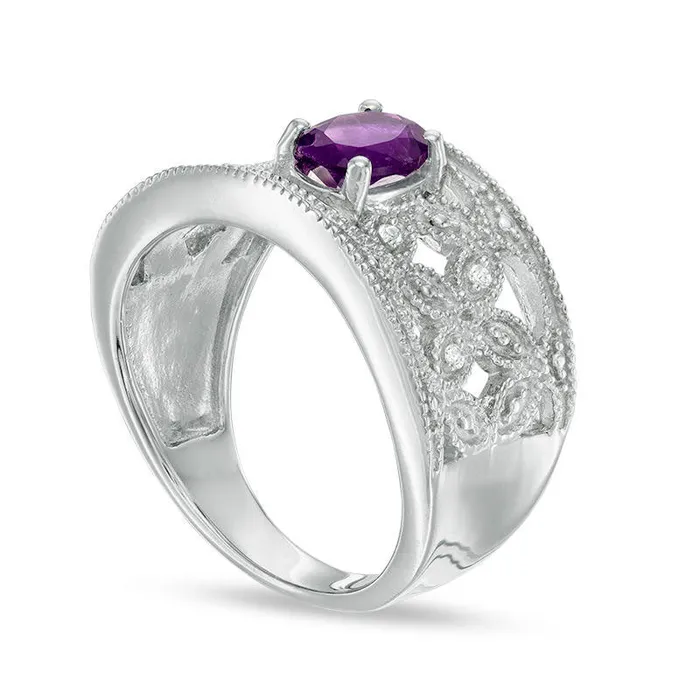 Goldia Rings Oval Amethyst and Natural Diamond Accent Antique VintageStyle Ring in Sterling Silver Goldia Rings Oval Amethyst and Natural Diamond Accent Antique VintageStyle Ring in Sterling Silver