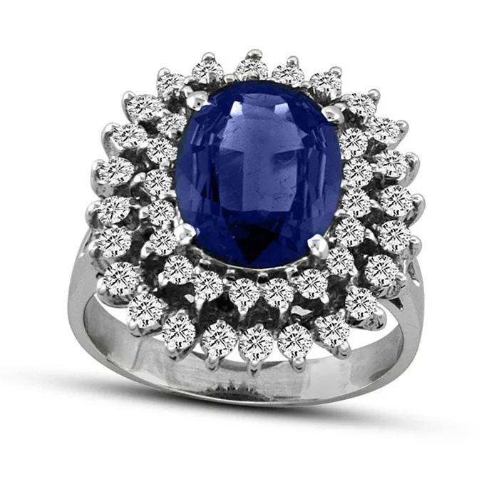 Goldia Rings Oval Blue Sapphire and 075 CT TW Natural Diamond Double Sunburst Frame Ring in Solid 14K White Gold Goldia Rings Oval Blue Sapphire and 075 CT TW Natural Diamond Double Sunburst Frame Ring in Solid 14K White Gold