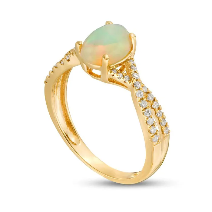 Goldia Rings Oval Opal and 017 CT TW Natural Diamond Crossover Shank Ring in Solid 14K Gold Goldia Rings Oval Opal and 017 CT TW Natural Diamond Crossover Shank Ring in Solid 14K Gold