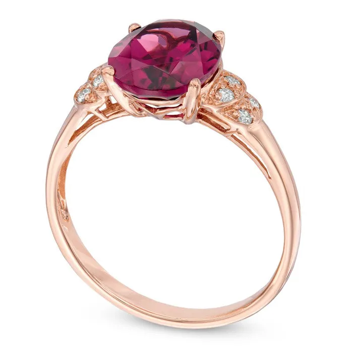 Goldia Rings Oval Rhodolite and Natural Diamond Accent Ring in Solid 10K Rose Gold Goldia Rings Oval Rhodolite and Natural Diamond Accent Ring in Solid 10K Rose Gold