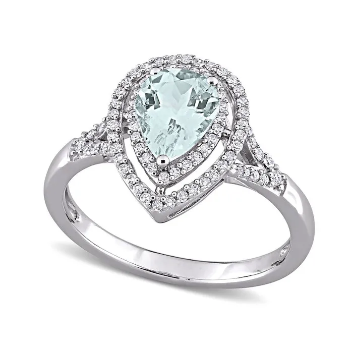 Goldia Rings PearShaped Aquamarine and 025 CT TW Natural Diamond Open Double Frame Split Shank Ring in Solid 14K White Gold Goldia Rings PearShaped Aquamarine and 025 CT TW Natural Diamond Open Double Frame Split Shank Ring in Solid 14K White Gold