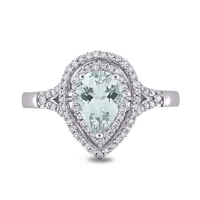 Goldia Rings PearShaped Aquamarine and 025 CT TW Natural Diamond Open Double Frame Split Shank Ring in Solid 14K White Gold Goldia Rings PearShaped Aquamarine and 025 CT TW Natural Diamond Open Double Frame Split Shank Ring in Solid 14K White Gold