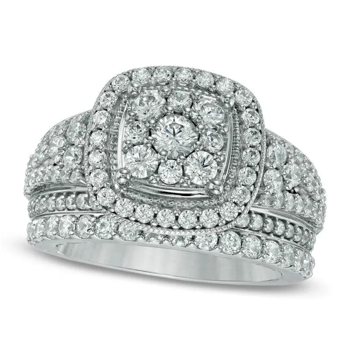 Goldia Rings Previously Owned 175 CT TW Natural Diamond Frame Cluster Bridal Engagement Ring Set in Solid 14K White Gold Goldia Rings Previously Owned 175 CT TW Natural Diamond Frame Cluster Bridal Engagement Ring Set in Solid 14K White Gold
