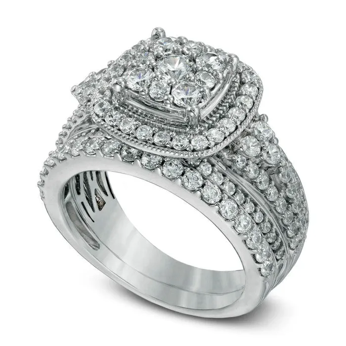 Goldia Rings Previously Owned 175 CT TW Natural Diamond Frame Cluster Bridal Engagement Ring Set in Solid 14K White Gold Goldia Rings Previously Owned 175 CT TW Natural Diamond Frame Cluster Bridal Engagement Ring Set in Solid 14K White Gold