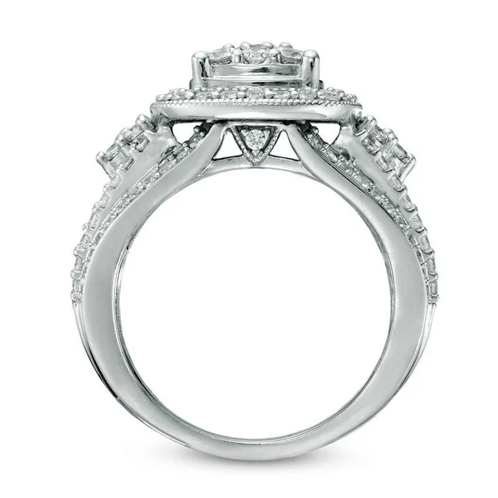 Goldia Rings Previously Owned 175 CT TW Natural Diamond Frame Cluster Bridal Engagement Ring Set in Solid 14K White Gold Goldia Rings Previously Owned 175 CT TW Natural Diamond Frame Cluster Bridal Engagement Ring Set in Solid 14K White Gold