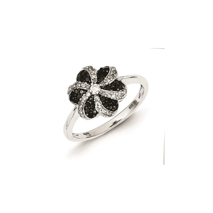 Goldia Rings Sterling Silver Black and White Diamond Flower Ring