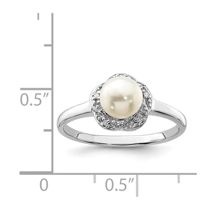 Goldia Rings Sterling Silver Rhodium 6mm FW Cultured Button Pearl u0026 Diamond Ring