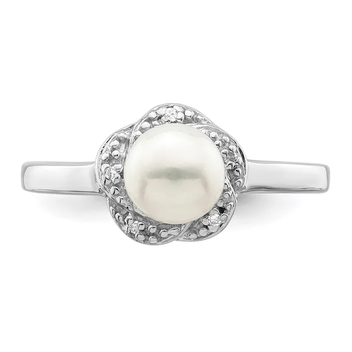 Goldia Rings Sterling Silver Rhodium 6mm FW Cultured Button Pearl u0026 Diamond Ring