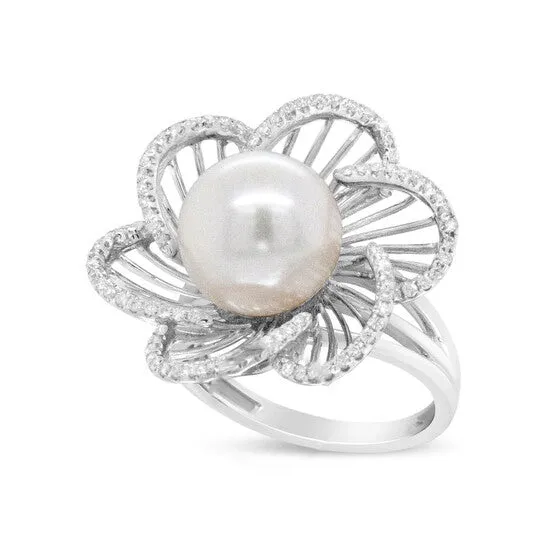 JMS always Rings Original Haus of Brilliance 14K White Gold 11mm Round Pearl and 13 Cttw Round Diamond Openwork Flower Blossom Ring HI Color VS1VS2 Clarity Size 650 JMS always Rings Original Haus of Brilliance 14K White Gold 11mm Round Pearl and 13 Cttw Round Diamond Openwork Flower Blossom Ring HI Color VS1VS2 Clarity Size 650