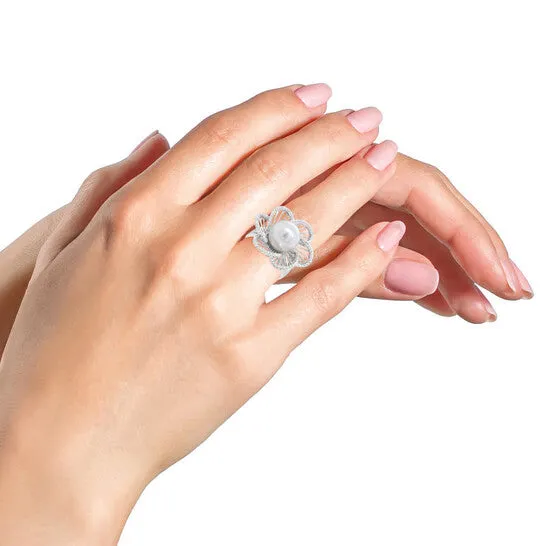 JMS always Rings Original Haus of Brilliance 14K White Gold 11mm Round Pearl and 13 Cttw Round Diamond Openwork Flower Blossom Ring HI Color VS1VS2 Clarity Size 650 JMS always Rings Original Haus of Brilliance 14K White Gold 11mm Round Pearl and 13 Cttw Round Diamond Openwork Flower Blossom Ring HI Color VS1VS2 Clarity Size 650